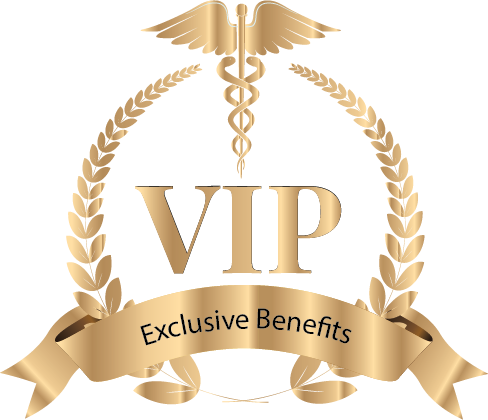 Gold and white logo of VIP program with caduceus symbol, laurel wreaths, and banner that reads “Exclusive Benefits